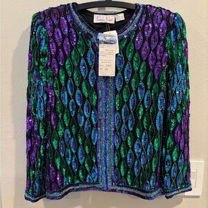Vintage Laurence Kazar 100% silk beaded & sequined jacket size petite small New